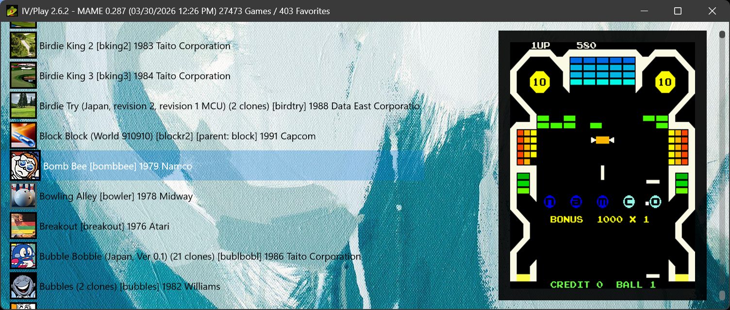 IV/Play MAME front-end screenshot showing game list and artwork